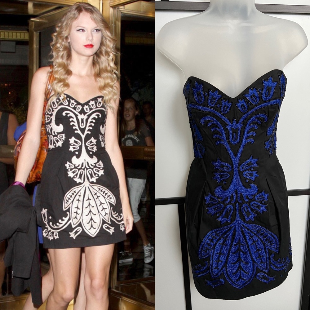 Strapless Black Dress with Blue Embroidered Detail